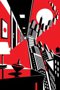 A hotel corridor turned on its side with a spinning top resting on a table and a city folding up into the sky.