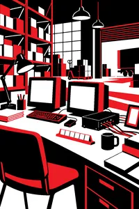 A cluttered warehouse office with old computer monitors, a black box with wires on the desk and a scrabble-tile rack.