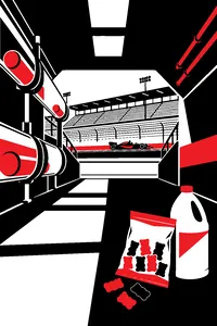 Racetrack grandstands seen from a tunnel under the track, pneumatic tubes, a bag of gummy bears and a bottle of bleach.
