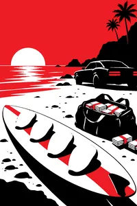Four rubber masks lying on a surfboard on the beach at dawn, a getaway car and a bag of cash in the sand.