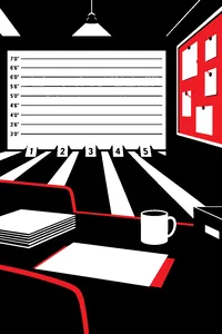 A police lineup wall with height markings, five numbered placards on the floor and a coffee mug on a desk in front of a corkboard.