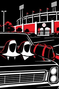 A pair of rubber nun masks and a duffel bag on the hood of a car outside a baseball park at night.