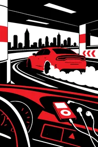 A red sports sedan drifting through an Atlanta parking garage, an old music player and earbuds on the dashboard.