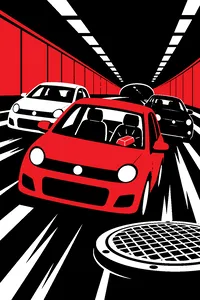 Three small hatchback cars racing down a subway tunnel, a gold bar on a passenger seat and a manhole cover nearby.