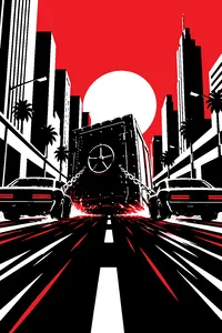 A massive steel vault being dragged on chains through a city street by two muscle cars, sparks flying off the asphalt.