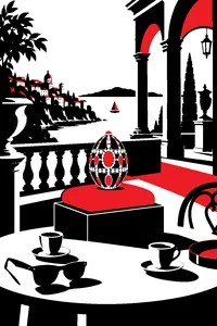 A Roman palazzo terrace with sunglasses, espresso cups and a velvet display stand holding a single jeweled egg.