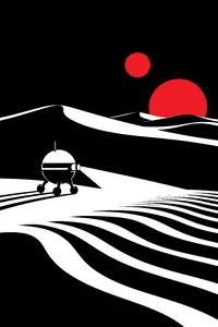A small dome-topped droid on three stubby legs rolling across rippled desert dunes under two setting suns, a thin projector beam lighting the sand in front of it.
