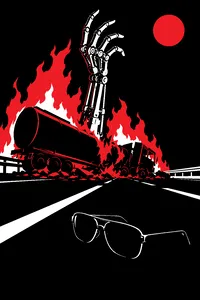 A metal skeletal robot hand rising from the wreck of a burning tanker truck on a night highway, a pair of dark sunglasses lying on the asphalt.