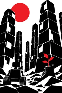 Towers of compacted trash cubes taller than skyscrapers, a single green seedling growing from an old boot at their base, a small tread robot seen from behind.