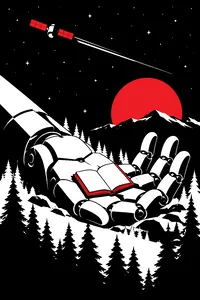 A giant open metal hand resting among pine trees at night, a small comic book lying in its palm, a satellite streaking across the starry sky.