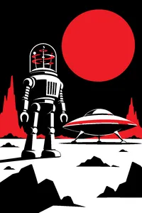 A robot with a clear glass dome head full of spinning antennae standing beside a sleek 1950s flying saucer on a flat alien plain.