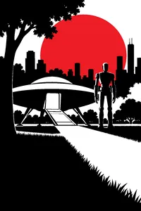 A silver flying saucer landed on a city park lawn with its ramp lowered, a tall smooth robot silhouette standing guard beside it, a raking beam of light across the grass.