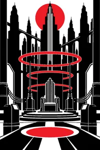 A towering Art Deco skyline with bridges strung between skyscrapers, and in front, glowing electric hoops rising around an empty metal throne in a laboratory.