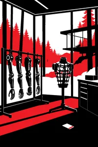 A glass-walled room in a forest house holding a rack of spare mechanical arms and a mesh torso on a stand, a keycard lying on the floor.