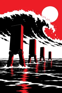 Four tall rectangular metal slabs striding through knee-deep water on an ocean planet, an enormous wave rising on the horizon.