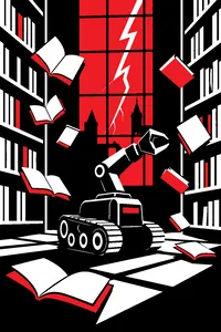 A tank-tread robot on a library floor surrounded by open books flying off the shelves, a lightning bolt in the window behind.