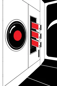 A single round red camera lens glowing in a white spacecraft wall panel, a memory bay beside it with its modules pulled halfway out.