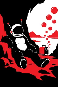 An empty gorilla costume wearing a space helmet with antennae, slumped in a cave mouth, a bubble machine beside it blowing a stream of bubbles.