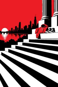 A long flight of stone museum steps at dawn, a gray sweatsuit hood and a pair of old sneakers left on the top step, the city skyline behind.