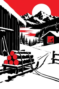 A wooden sled loaded with logs in deep Siberian snow beside a rustic barn, a gleaming treadmill shown in a lit window across the valley.