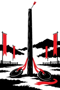 A tall wooden pole with an arrow stuck at the very top, two heavy bronze discs tied to ribbons lying at its base, mist on a training field.