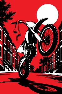 A dirt bike mid-wheelie on a narrow rowhouse street, a pair of boxing hand wraps hanging from its handlebar, golden afternoon light.