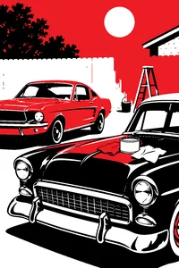 Two vintage cars gleaming in a sunny yard, a can of wax and two rags on the hood, a half-painted wooden fence behind them.