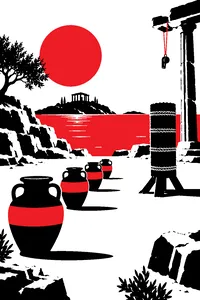 An obstacle course on a tiny Greek island: a row of clay pots, a straw training dummy, and a whistle hanging from a broken column.