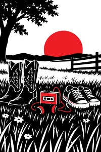 A pair of cowboy boots and a pair of sneakers side by side on a sunlit grass field, a portable cassette player between them.