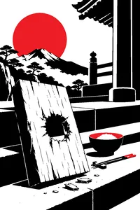 A thick wooden plank with a fist-sized hole punched through it, on a mountain temple step beside a bowl of rice and chopsticks.