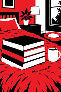 A stack of thick LSAT prep books on a pink fluffy bedspread, a pink pen, a coffee mug and a small dog bed at the foot.