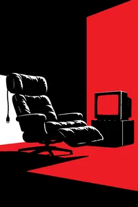 An old leather reclining chair with a cable dangling from its headrest, an old CRT monitor glowing plain green beside it.
