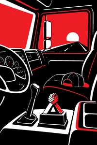 A big-rig truck cab interior with an arm-wrestling trophy on the dashboard and a baseball cap backward on the seat.