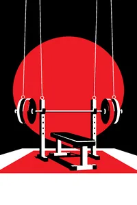A tiny marionette-scale weight bench and barbell on a toy-size gym floor, puppet strings dangling from above.