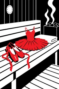A pair of satin ballet slippers and a tiny pink tutu on the steamy wooden bench of a sauna, a towel folded beside them.