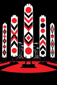 Several tall carved and painted ceremonial masks on stands across a dark stage, a single drum kit in the shadows.