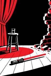 A toy laser sword lying on a theater stage beside a broken brick wall, a gargle glass of water on a stool.