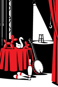 A table of twisted balloon animals, juggling pins and a banjo on an empty audition stage with a hook poking from the wings.