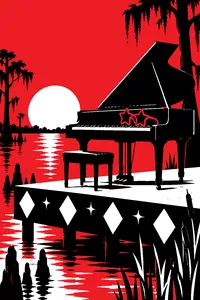 A grand piano covered in rhinestones on a swampy riverbank stage, oversized star-shaped sunglasses on the keys.