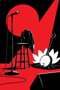 A punk-rock stage with a microphone, a leather jacket over a stool and a banjo leaning on a lily pad prop.
