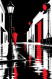 A wet lamppost on an empty soundstage street, an umbrella hooked on it and puddles reflecting stage lights.