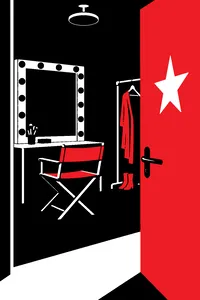 An empty guest dressing room with a blank star on the door, the lights switched off.