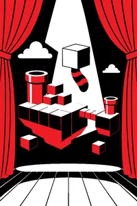 A theater stage curtain opening on a floating level of blocks, pipes and a raccoon tail hanging from a question block.