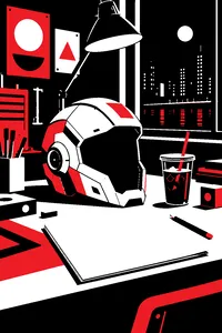 A blue robot helmet on a lab bench beside a stack of sheet music and a cold cup of coffee at midnight.