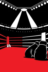 An empty boxing ring under arena lights with a pair of tiny green gloves in one corner and huge black gloves in the other.