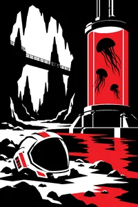A dark alien cavern with an orange power suit helmet on the floor and glowing jellyfish-like creatures in a glass tank.
