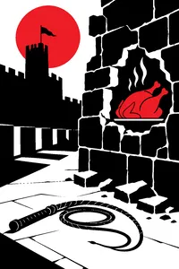 A crumbling castle wall with a leather whip coiled on the floor and a roast chicken in a hole in the bricks.