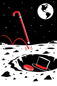 A walking cane bouncing on the surface of the moon, with a gold coin and a top hat in a crater.