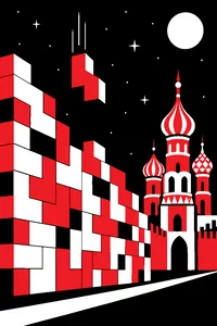 A brick wall made of colorful falling block shapes beside an onion-domed tower under a starry sky.