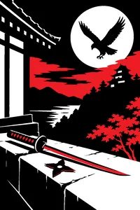 A sword and a dark shuriken on a rooftop ledge at night, with a bird swooping overhead.